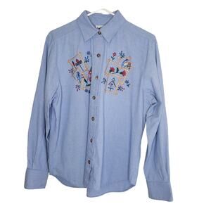 Vintage BonWorth blue denim embroidered button blouse flowers birds birdhouse M
